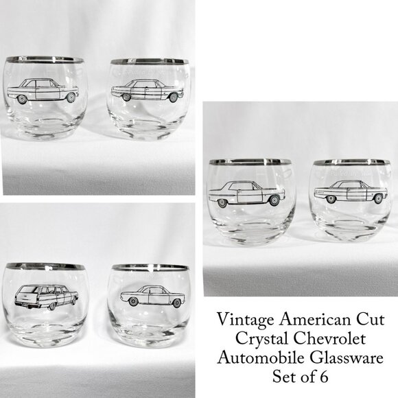 Vintage 1960s American Cut Crystal Chevrolet Automobile Glassware Set of 6 - GUC - Picture 1 of 16